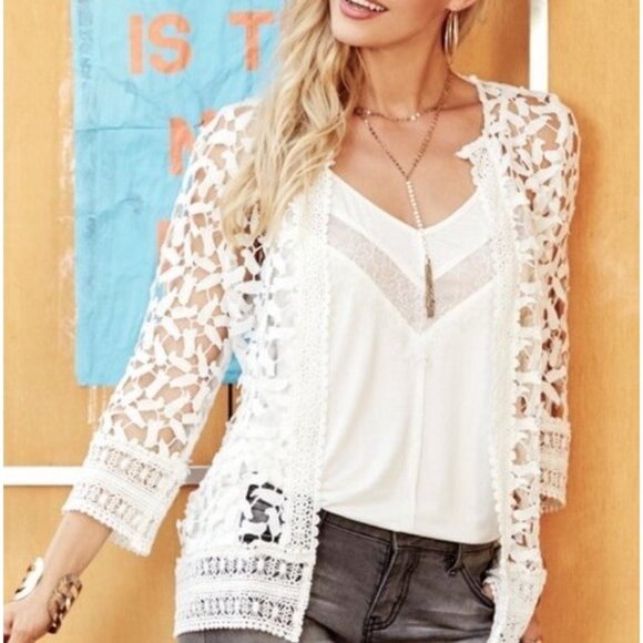 NEW $86 Suzanne Betro Womens XL Ivory Lace Cardigan Open Knit Top - Picture 4 of 16